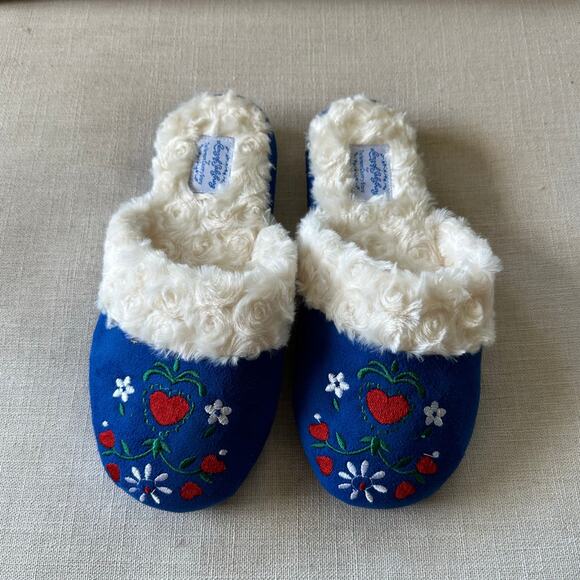 Lanz of Salzburg Embroidered Floral Mule Slippers Size M (7), Royal Blue - Picture 2 of 9